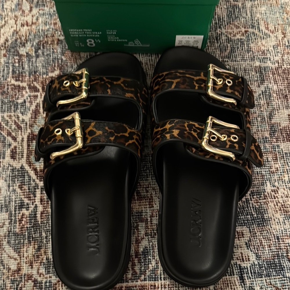 J. Crew Black and Brown Sandals with Gold Buckles